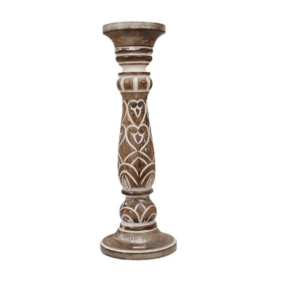 MANGO WOOD ENGRAVING PILLAR CANDLE HOLDER (POLISH)